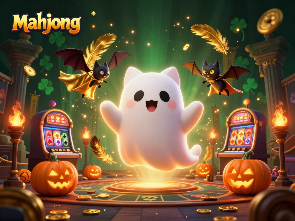 Experience mahjong excitement with a ghost cat and bat in a vibrant casino scene filled with dynamic elements.