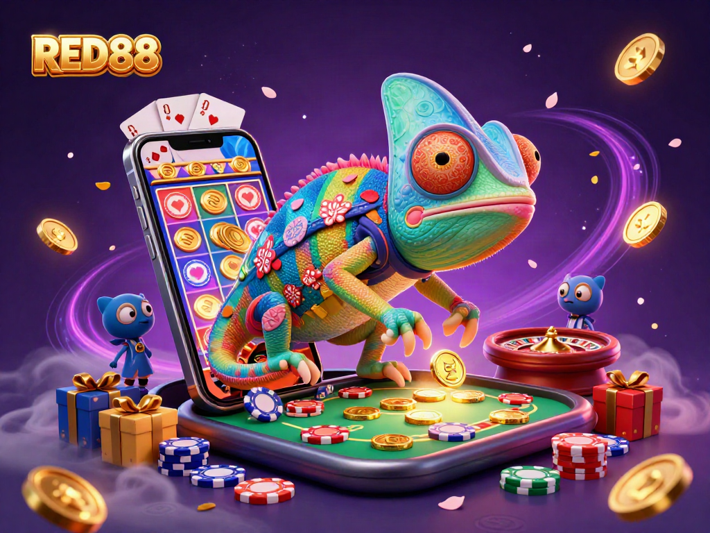 Play to win at RED88 with a vibrant 3D casino scene showcasing games and energy.