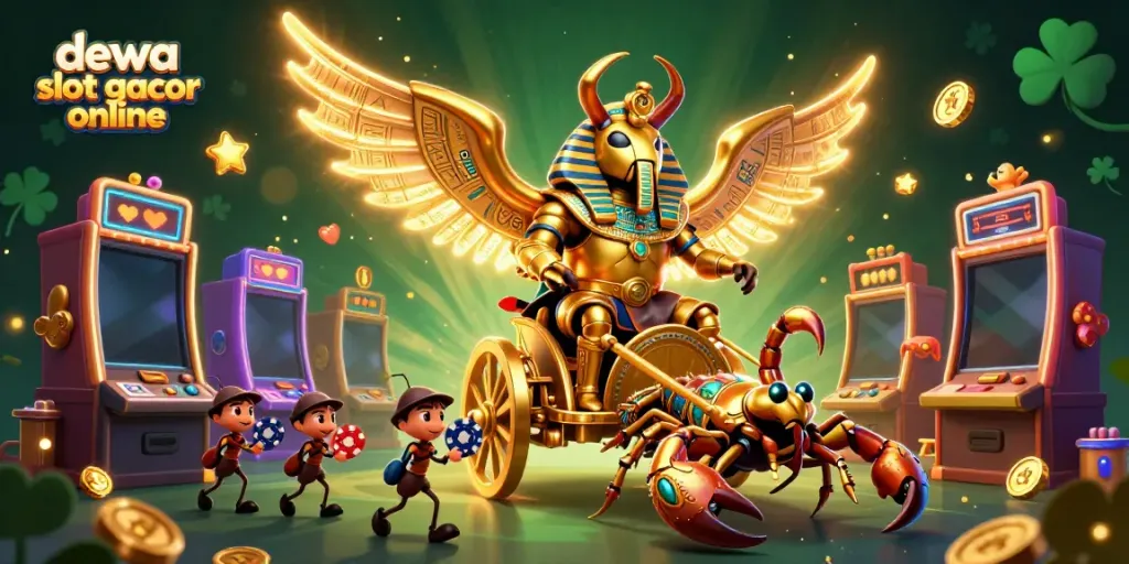 Menyaksikan dewa slot gacor online dengan simbol slot dan koin emas di dalam ilustrasi 3D yang dinamis.
