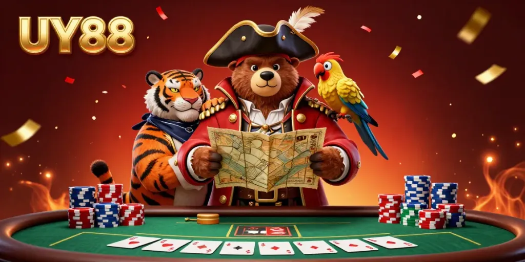 Experience lively UY88 gaming with pirate captain and his animal companions at an exciting poker table.