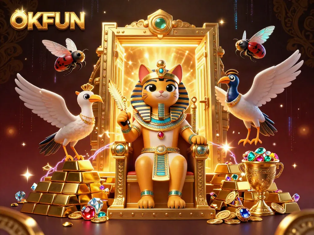 Experience the allure of OKFUN with vibrant Egyptian-themed casino illustration, featuring treasures and characters.