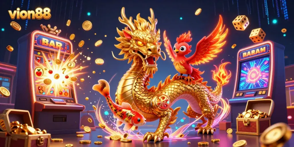 Experience thrilling gameplay with vion88's golden dragon and vibrant casino elements.