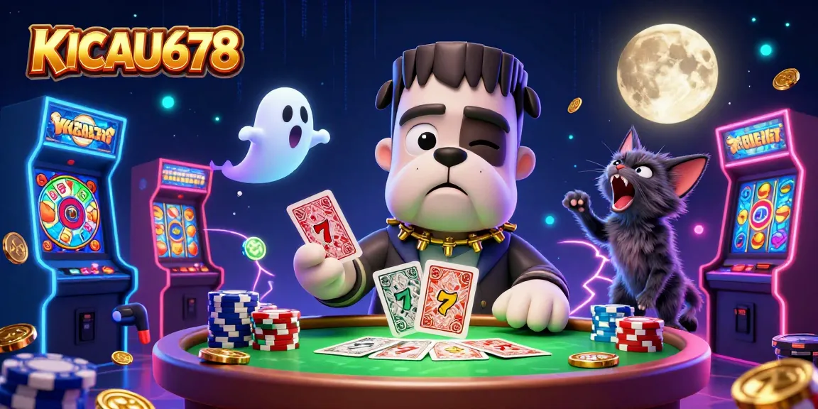 KICAU678 showcases a lively casino scene with a cartoon bulldog dealer and a ghost mouse amidst vibrant slot machine action.
