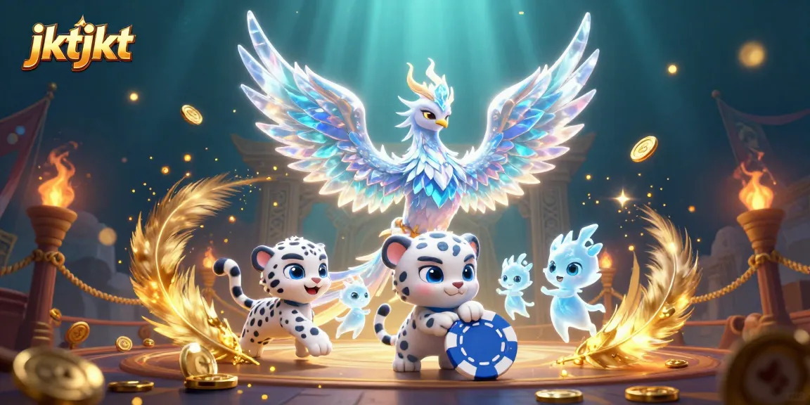 JKTJKT menghadirkan ilustrasi 3D kasino yang menampilkan phoenix es, anak macan tutul, dan sprite es dalam suasana perjudian yang menawan.