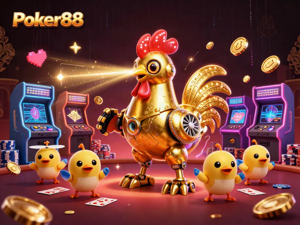 Engage in thrilling Poker88 gameplay with vibrant casino elements and retro-futuristic characters.