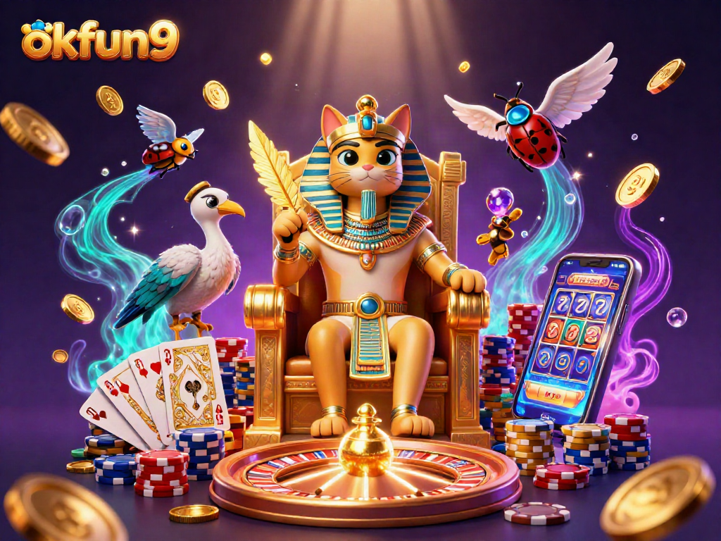Spin to win at okfun9 with an Egyptian pharaoh cat and lavish casino elements.
