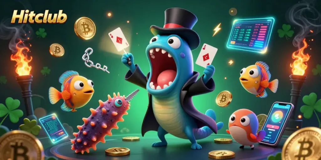 Hitclub showcases a magical underwater scene with a gulper eel, anglerfish, and vibrant crypto elements.