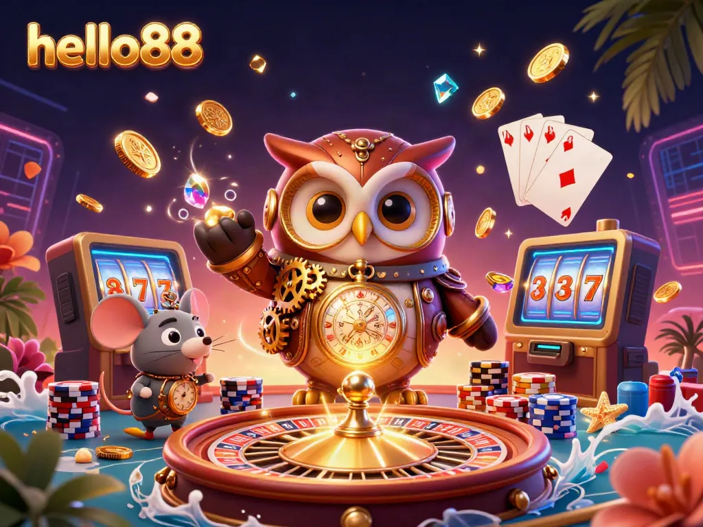 hello88 showcases a thrilling time-traveler owl and mouse in a dynamic 3D casino illustration, filled with gold coins and gaming elements.