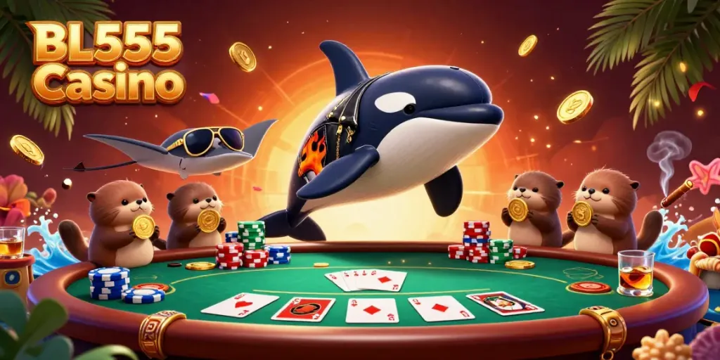 Experience the excitement of BL555 Casino with a vibrant 3D scene featuring unique characters and casino elements.