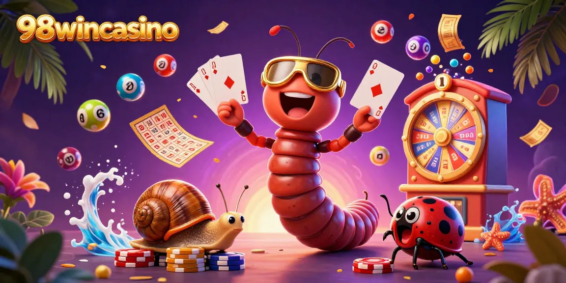 Exciting 98wincasino scene with a cartoon millipede dealer and dynamic lottery elements.