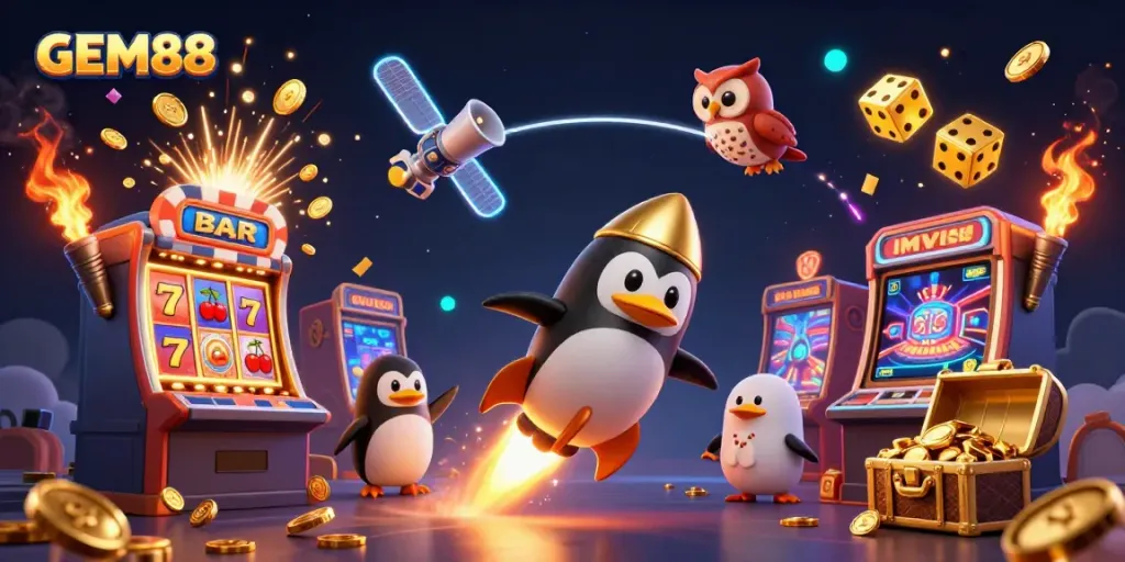 GEM88 penguin zooms towards a casino space station in a vibrant jackpot explosion scene.