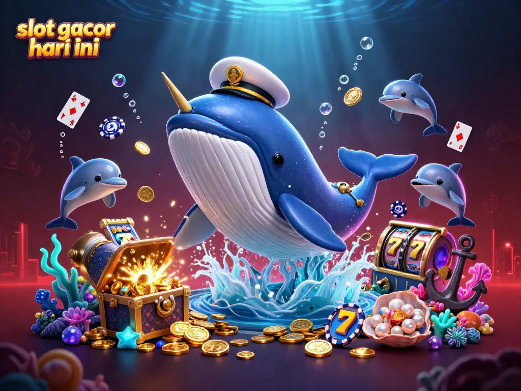 Experience thrilling action with slot gacor hari ini as a cartoon whale and friends play around gold coins.