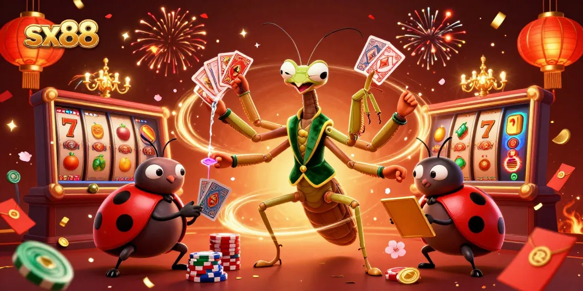 sx88 showcases an engaging scene with a giant mantis dealer and vibrant casino elements