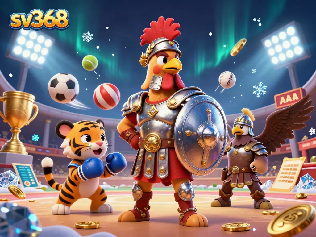 Engage in thrilling cockfighting action at sv368 with an electrifying arena scene featuring a gladiator rooster.