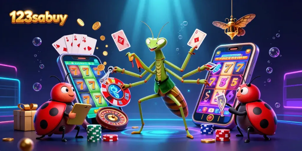 Engage with 123sabuy's vibrant casino scene featuring a praying mantis card sharp and ladybug pit boss amidst slot reels and golden coins.