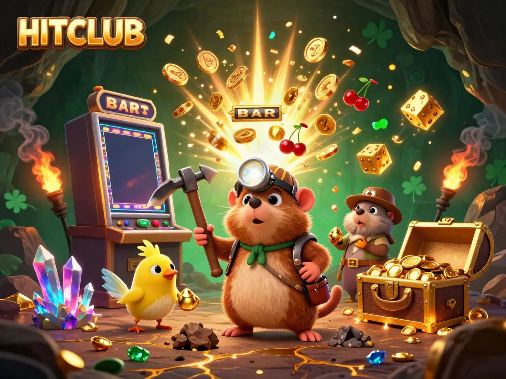 Experience the excitement of HITCLUB with a treasure hunter mole amidst a jackpot explosion of coins and vibrant casino elements.