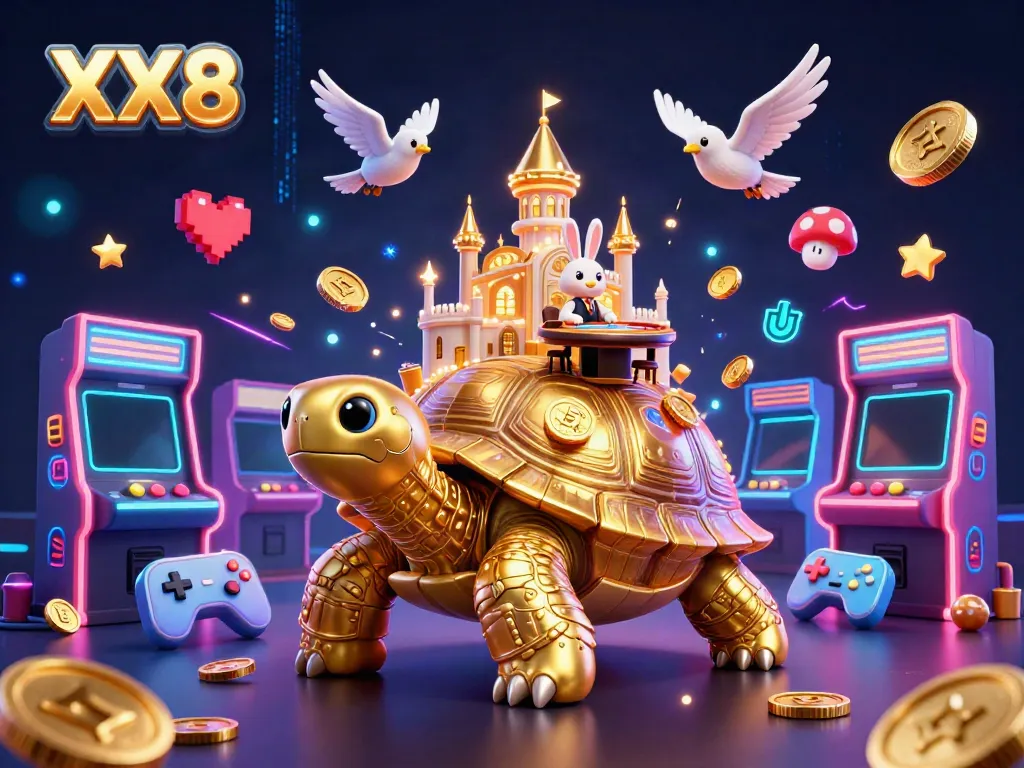 Experience immersive gaming at XX8 with a vibrant 3D illustration featuring a golden tortoise casino.