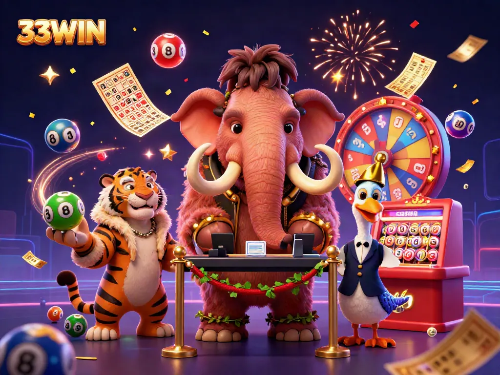Engage with the dynamic world of 33WIN featuring a mammoth bouncer, saber-tooth guest, and dodo doorman