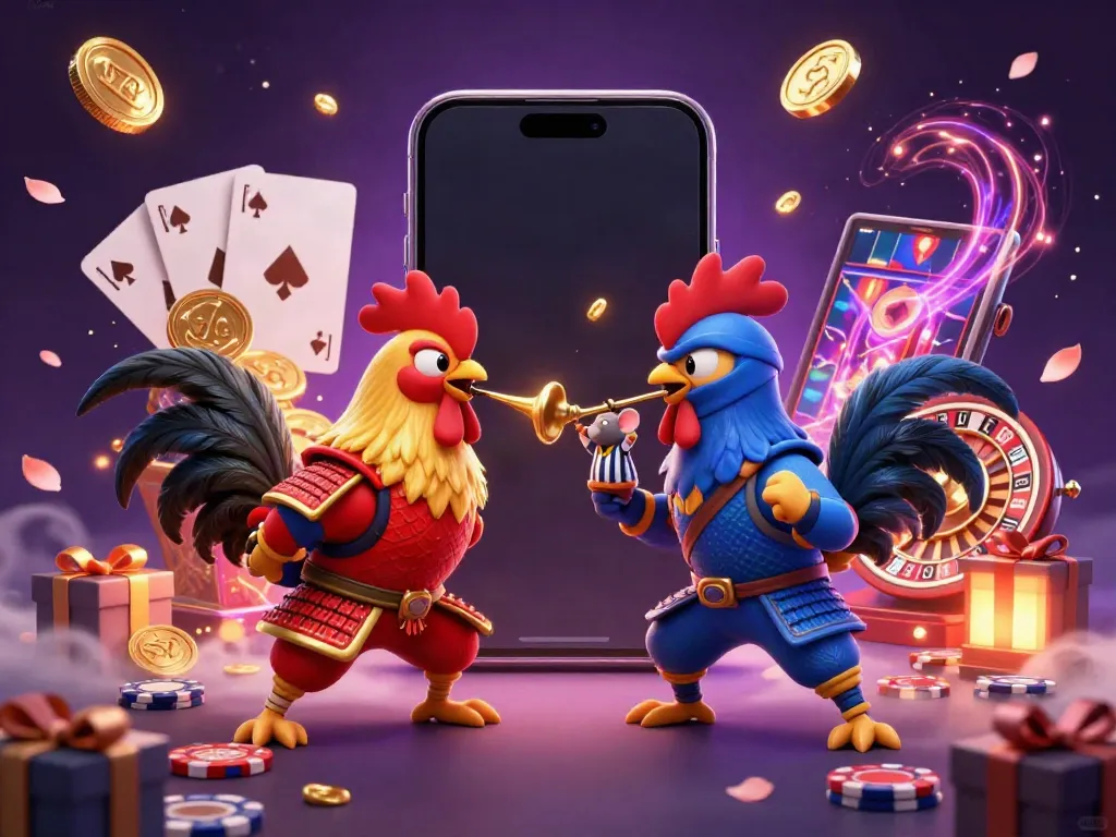Experience the thrilling showdown between LLWIN's samurai and ninja roosters amidst enchanting casino elements.