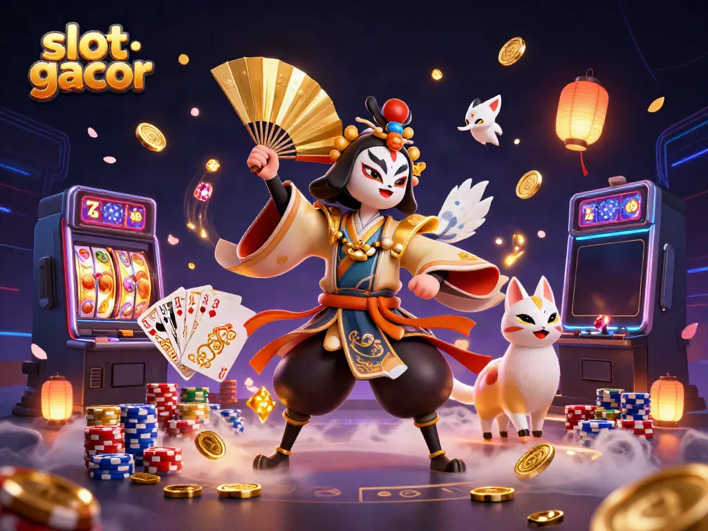 Menangkan slot gacor dengan jackpot tepat di hadapan kabuki warrior crane dan simbol keberuntungan di antara harta permainan.