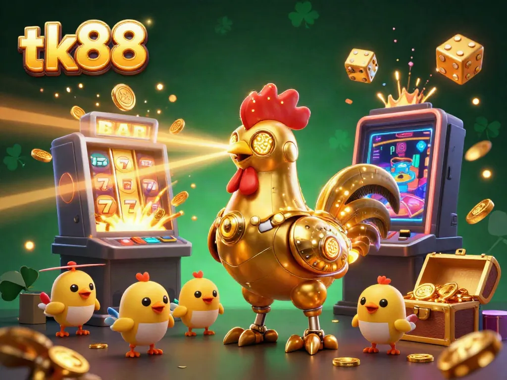 Engage with the thrilling tk88 jackpot experience featuring a golden rooster robot and dynamic casino elements.