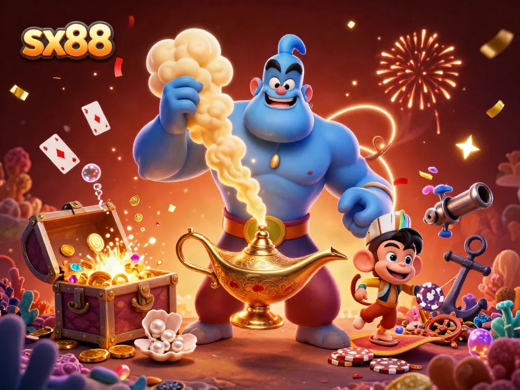 Experience excitement with sx88, featuring a genie, a monkey, and a magic carpet amidst casino treasures.
