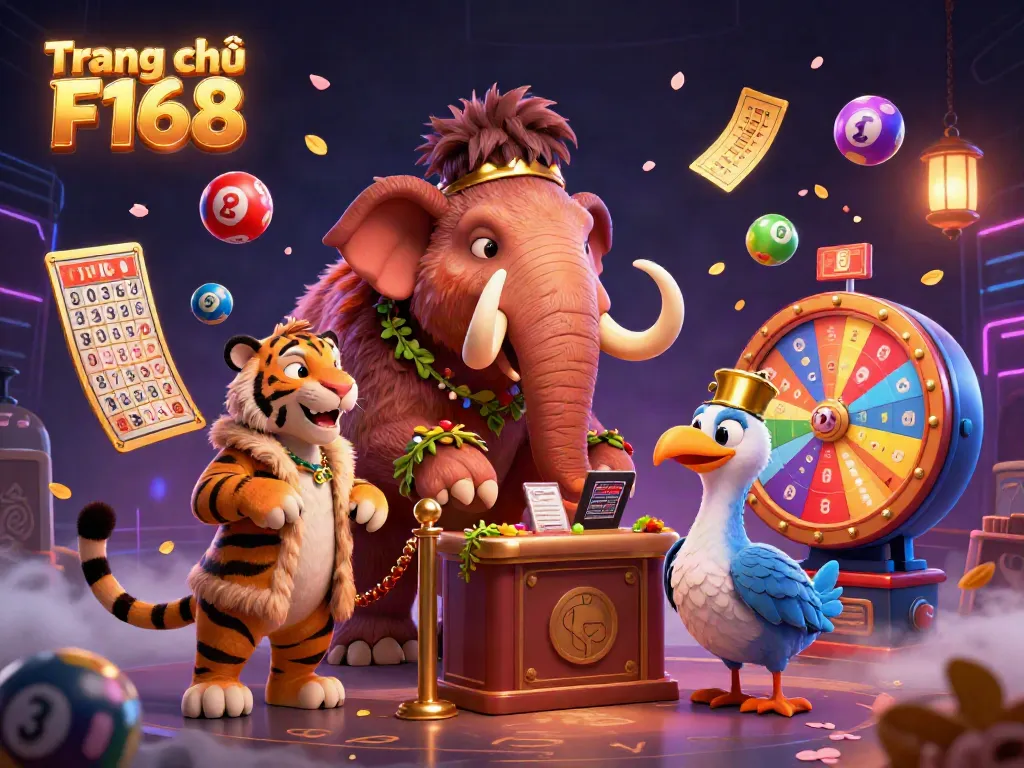 Experience the vibrant world of Trang chủ F168, where a woolly mammoth bouncer welcomes a saber-tooth tiger in a lively casino atmosphere.