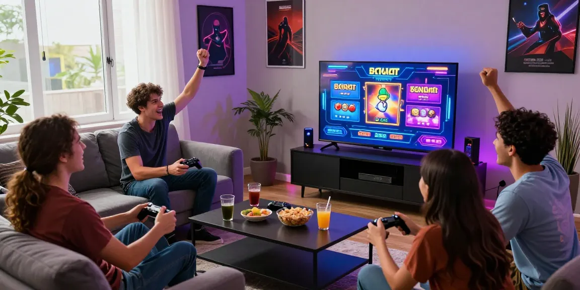 Friends enjoying bandar slot games in a lively living room.