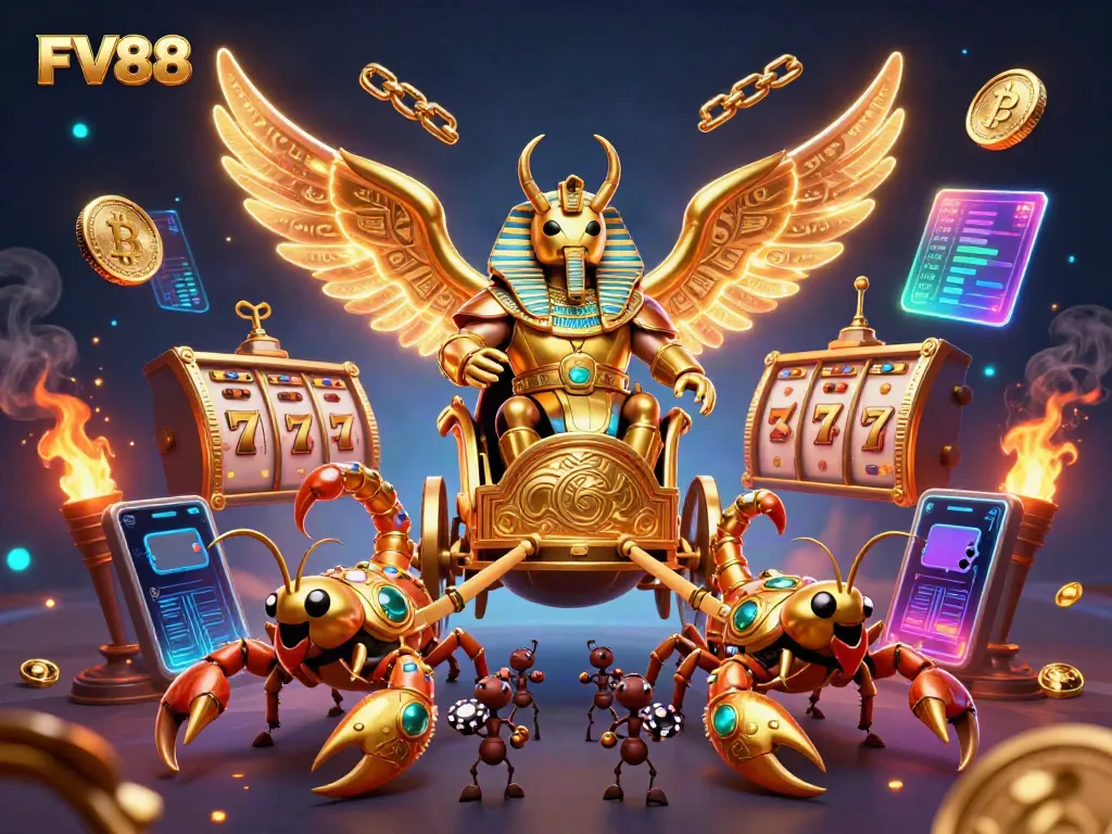 FV88 showcases a dynamic 3D casino scene featuring playful characters and vibrant gaming elements.