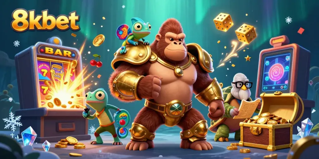 Engage with thrilling gambling action at 8kbet featuring a gorilla king and chameleon in a vibrant, dynamic casino scene