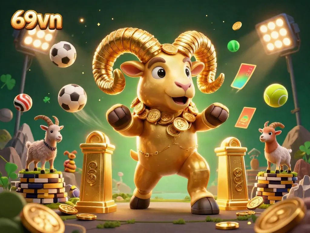 Experience the thrill of 69vn with a dynamic 3D scene of casino excitement featuring a golden ram and vibrant sports elements.