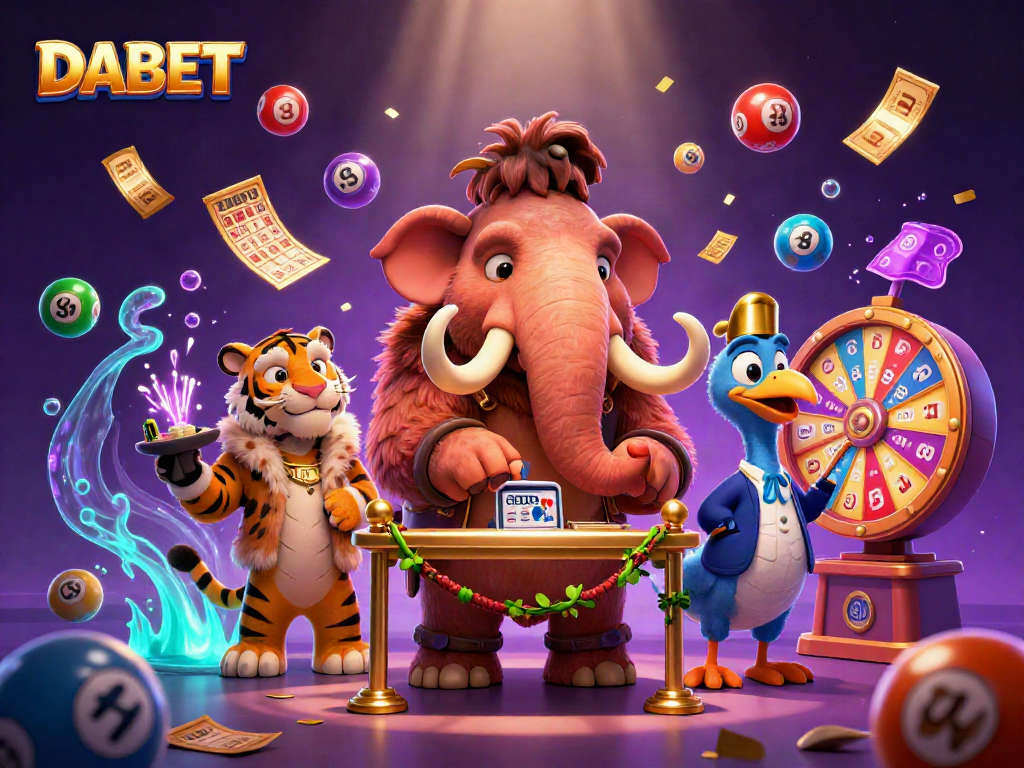 DABET entertains with a vibrant casino scene featuring a mammoth bouncer and lively elements.