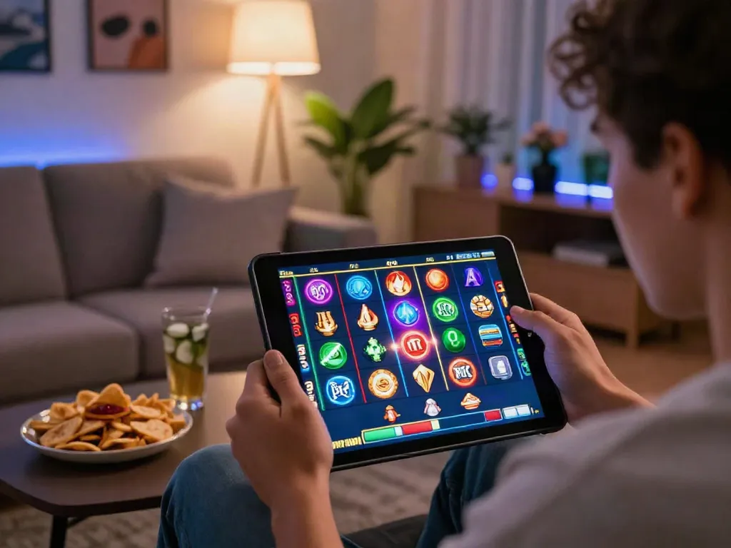 Player immersed in a slot game on a tablet, showcasing vibrant slot icons in a cozy living room.