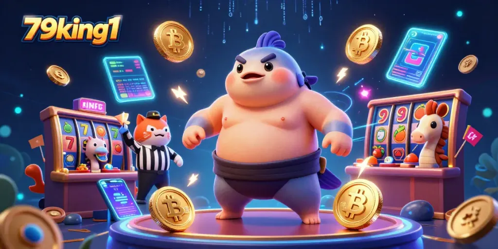Engage with high-stakes gaming at 79king1 featuring vibrant characters and crypto elements in a dynamic casino scene.
