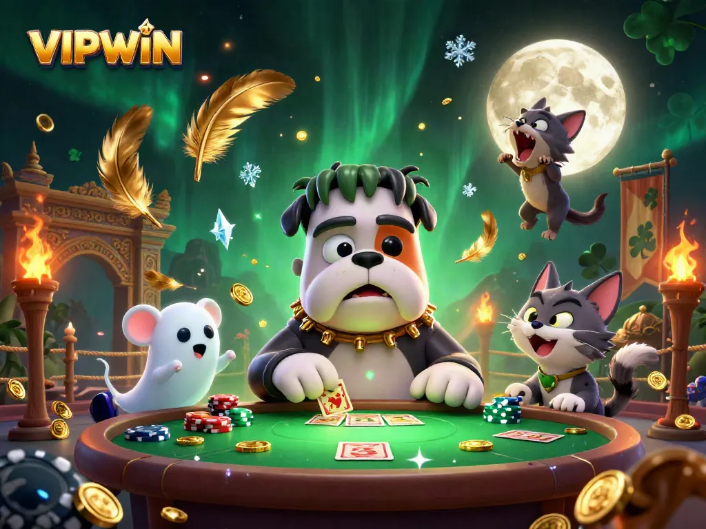 VIPWIN showcases a lively scene with a Frankenstein bulldog dealing cards at a casino table, creating excitement and fun.