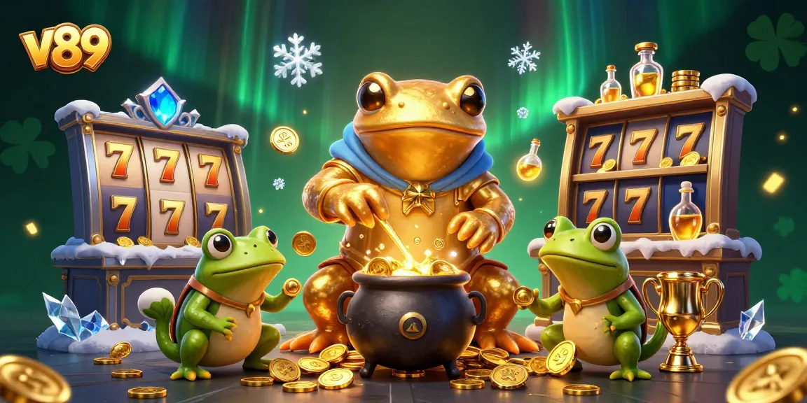 Gambarlah v89 dengan alkimia slot: salamander, kodok, dan koin emas.