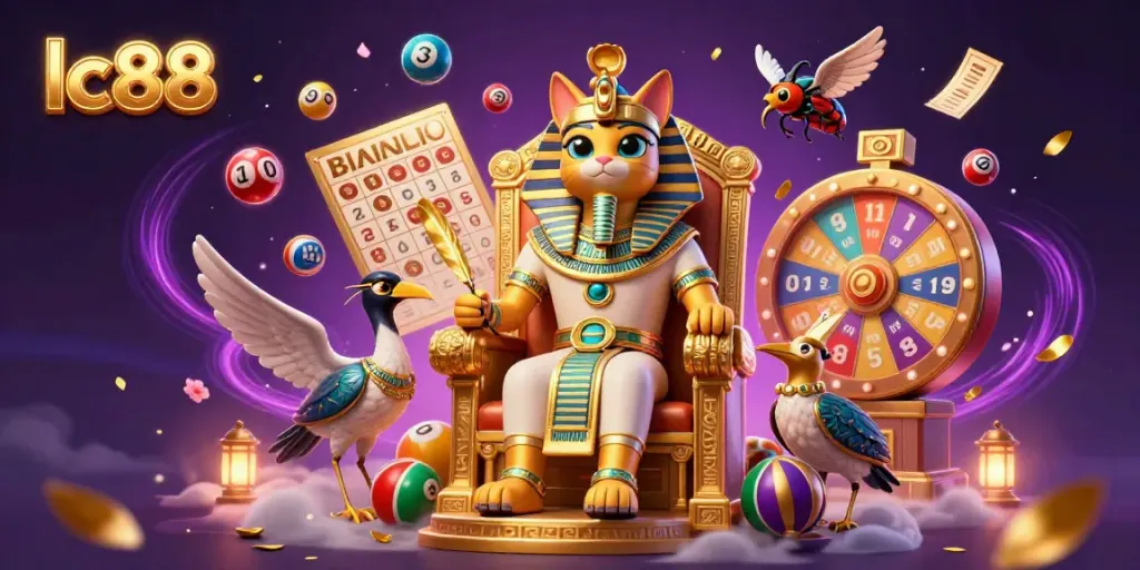 Engage with lc88's vibrant casino scene featuring a pharaoh cat, colored lottery balls, and dynamic game elements.