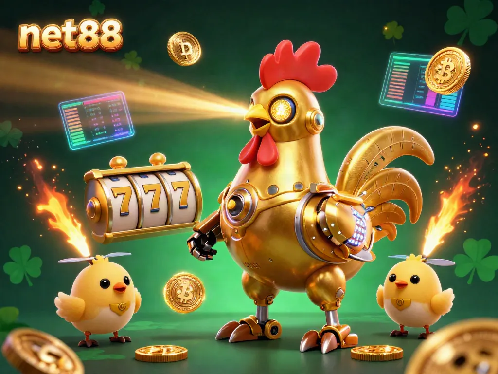 Engage in the casino thrills with net88's vibrant online gaming illustration featuring a golden rooster robot.