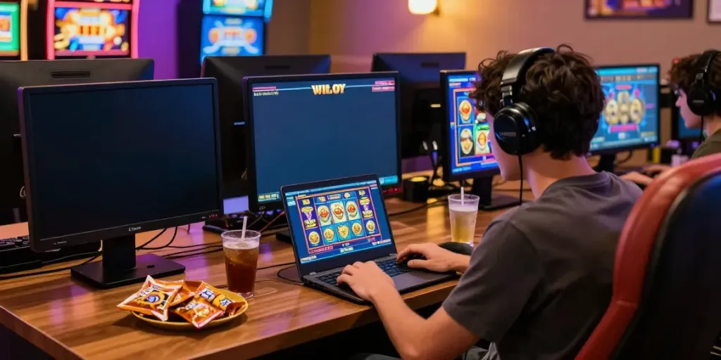 Exciting gaming scene with a player enjoying slot88 on a laptop.