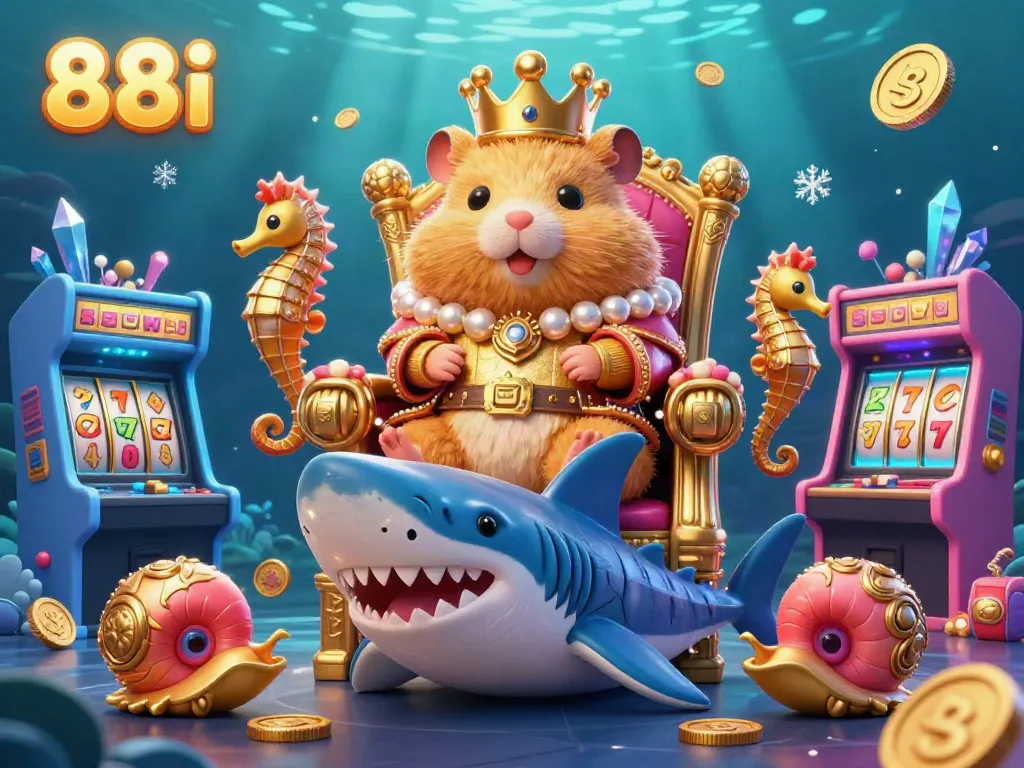 Experience the vibrant world of 88i through a golden hamster king ruling from a megalodon throne amidst lively casino elements.