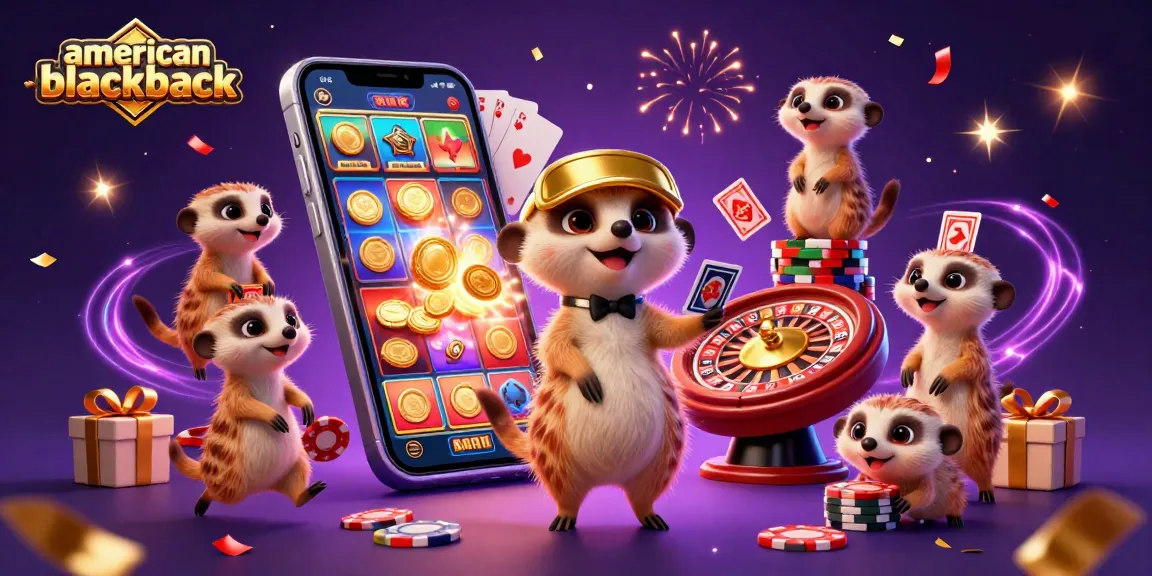 Experience american-blackjack excitement with meerkats in a vibrant casino scene full of energy and colorful elements.