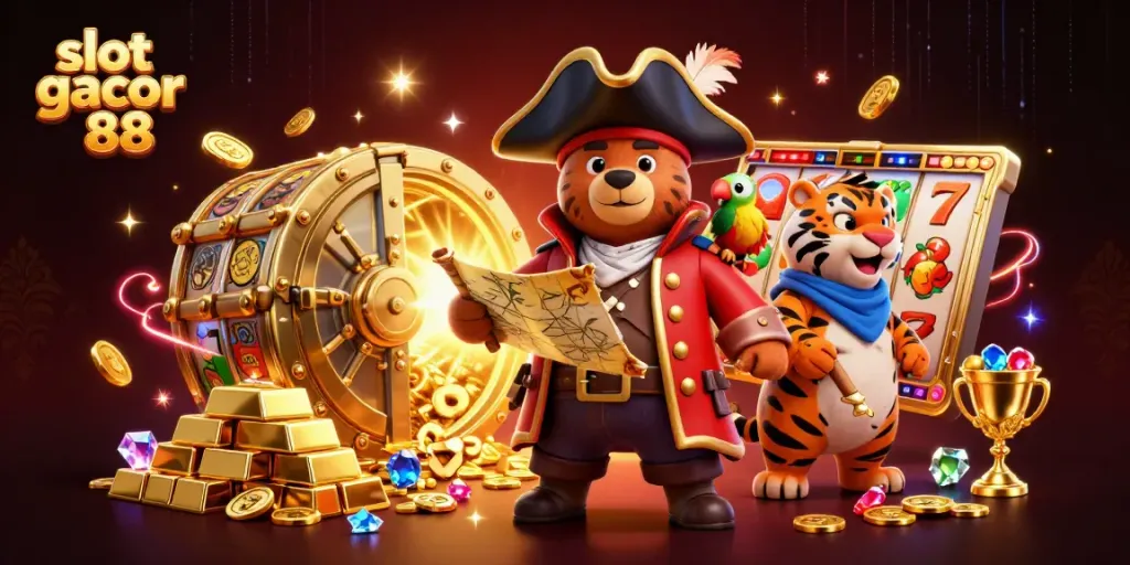 Engaging scene of a pirate captain bear and tiger with slot gacor 88 elements, showcasing a slot machine.