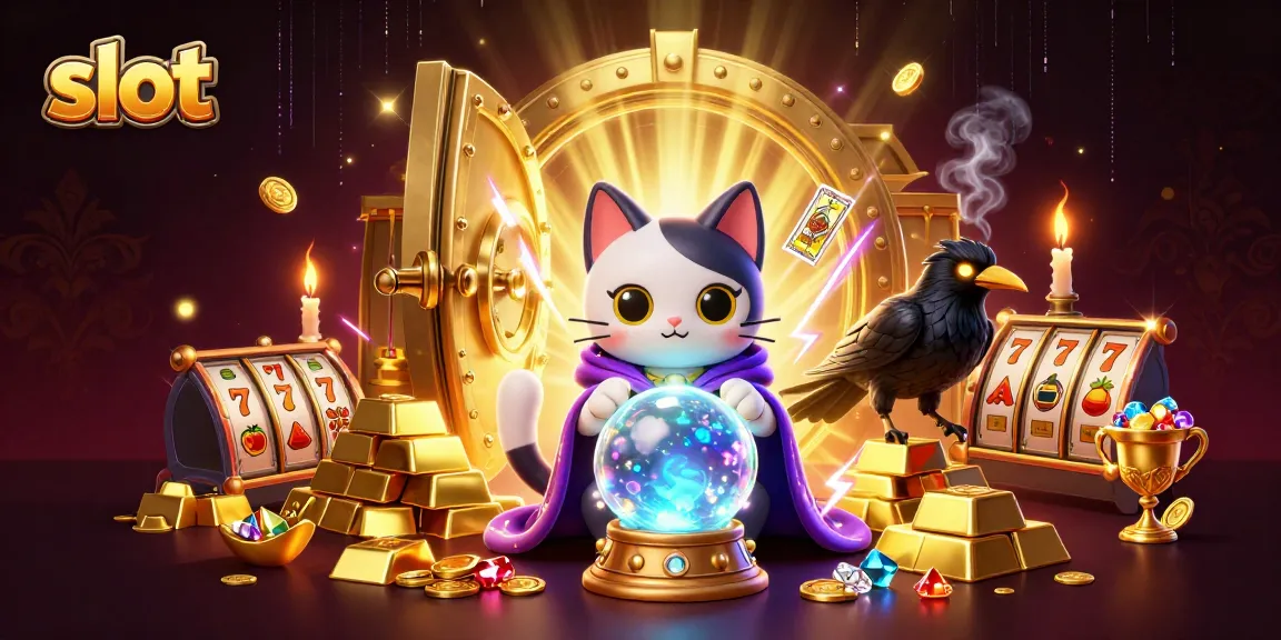 Permainan slot yang menarik dengan kucing mistik dan burung gagak dalam suasana kasino.