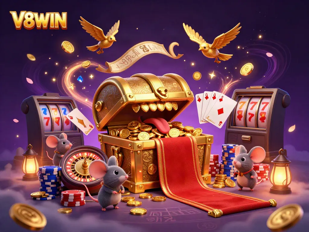 Engage with V8WIN's 3D casino adventure featuring riches and excitement in an immersive digital scene.