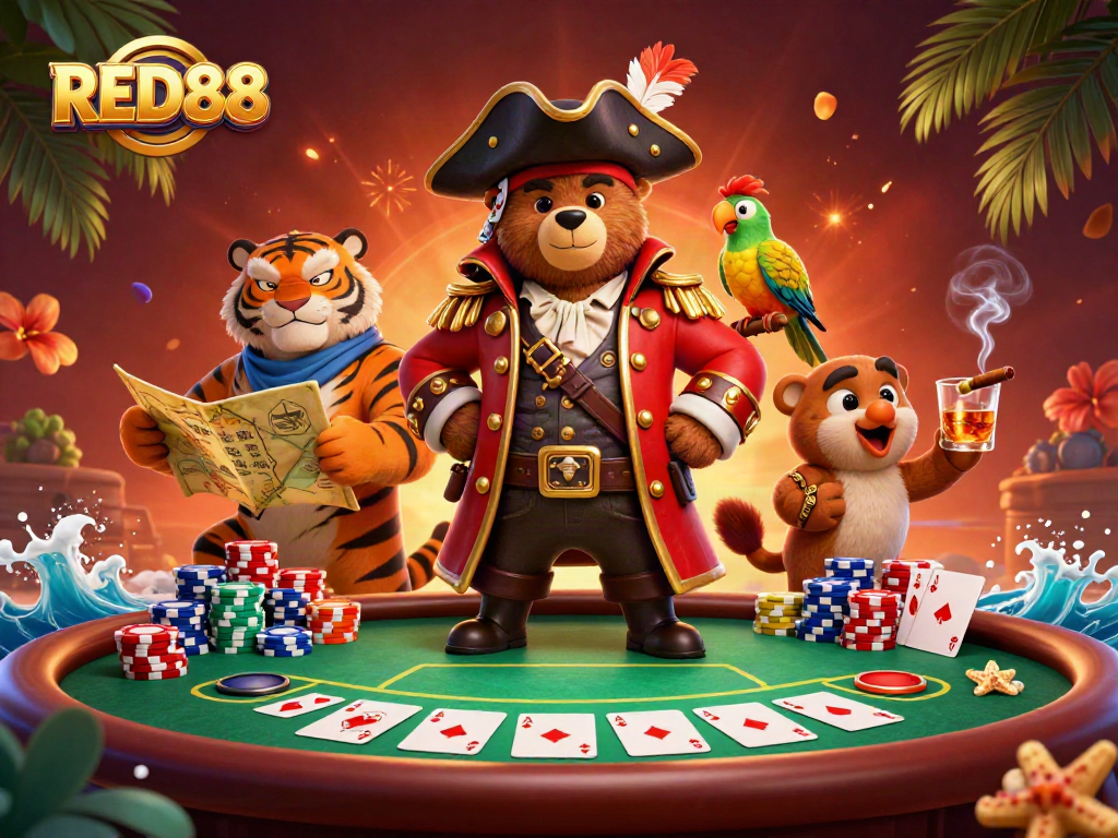 Engaging 3D scene featuring RED88 characters, pirate bear and tiger at a poker table with vibrant chips.