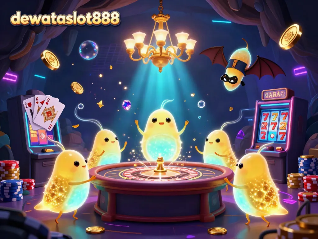 Permainan dengan sistem tembak ikan dan slot online di dewataslot888, menampilkan koin berkilau dan dealer unik.