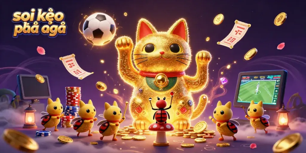Soi kèo phạt góc represented by golden fireflies as a lucky cat in a vibrant sports betting scene.
