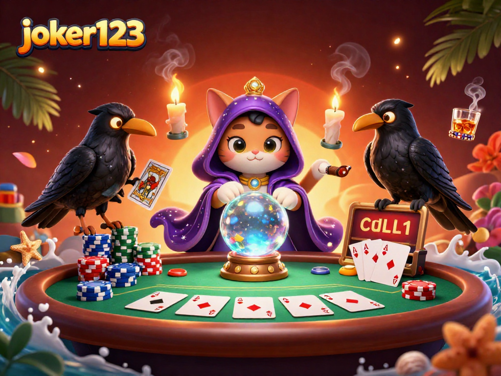 Menggandeng joker123, ilustrasi 3D kucing peramal mistis bertema kasino dengan meja poker dan tumpukan chip warna-warni.