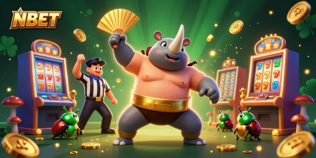 Watch the NBET rhinoceros beetle champion winning coins in a vibrant casino scene.