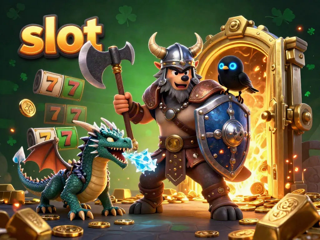 Experience slot excitement with a Viking wolf, fierce dragon, and treasures in a captivating scene.